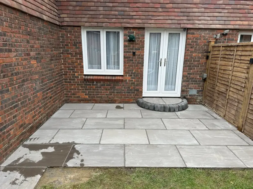 porcelain paving new-rear-garden-stone-patio-installation-romford